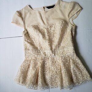 Dorothy Perkins Embroidered Peplum Floral Chiffon Nude Blouse